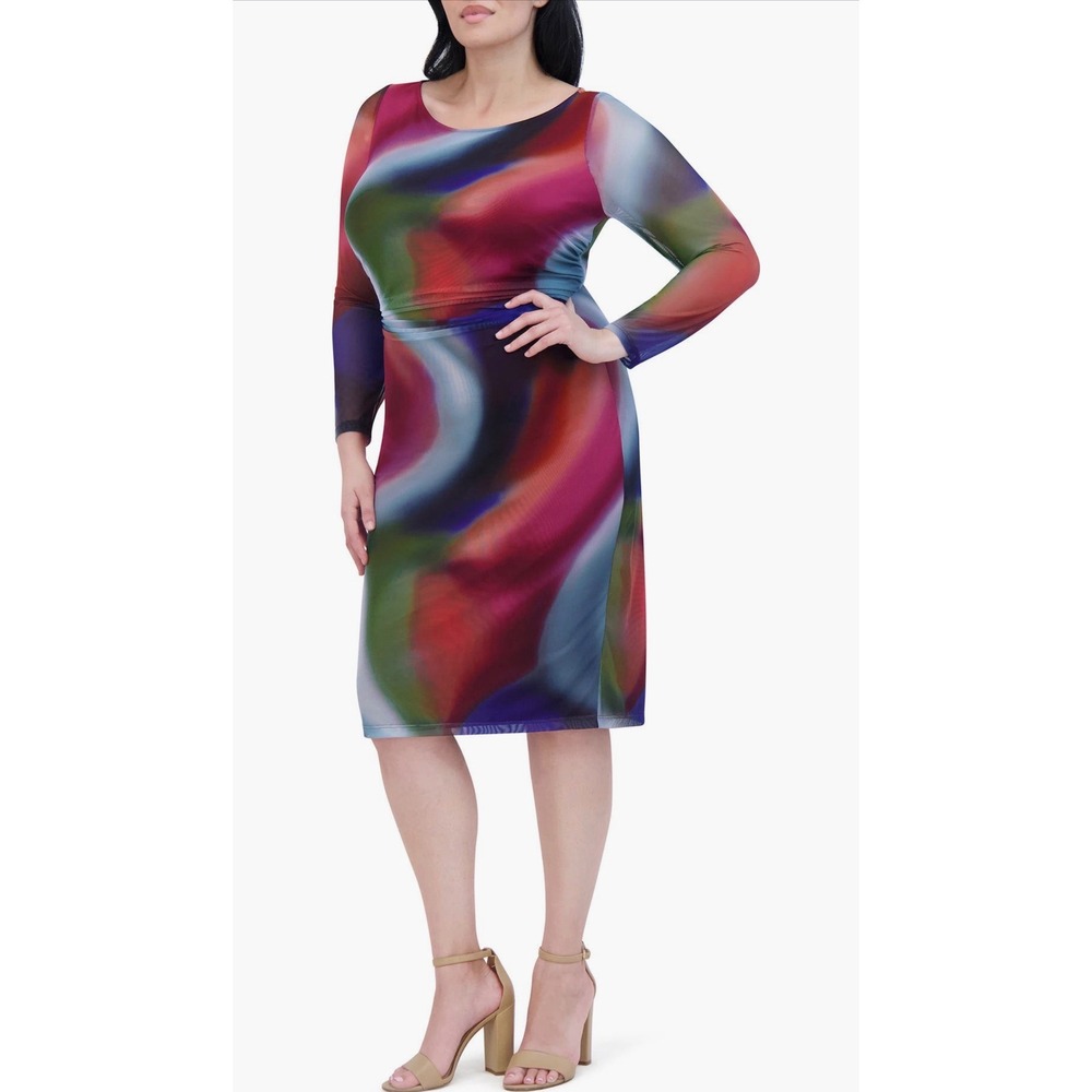 NWT Vince Camuto‎ Mesh Overlay Dress | Size 16W | Abstract Multicolor Sheath